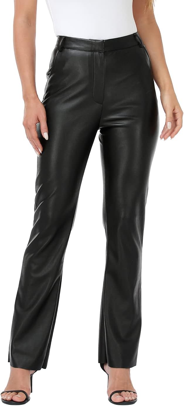 Women’s Faux Leather Pants High Waisted Straight Leg Trousers with Pockets