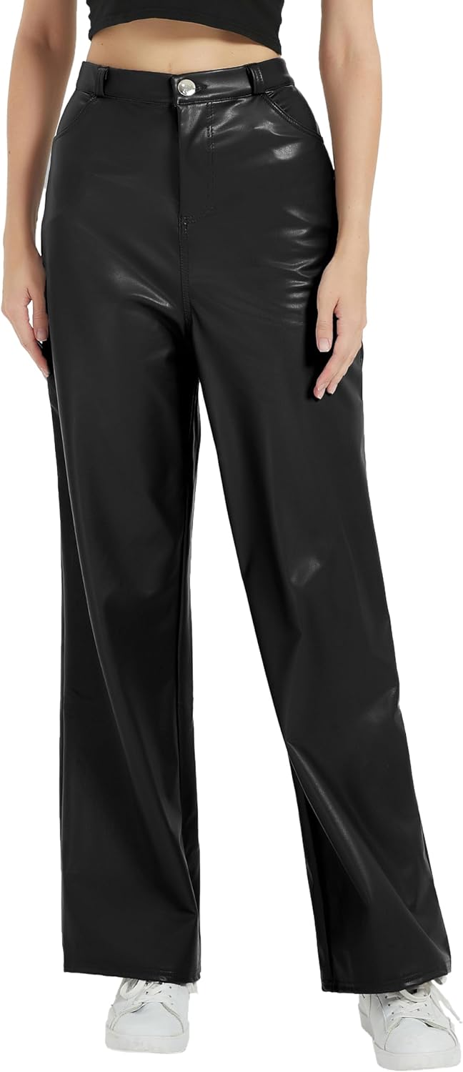 Women’s Black Leather Pants, High Waist Faux Leather Straight Pants, Wide Leg Leather Leggings Bell Bottom Flare Pants