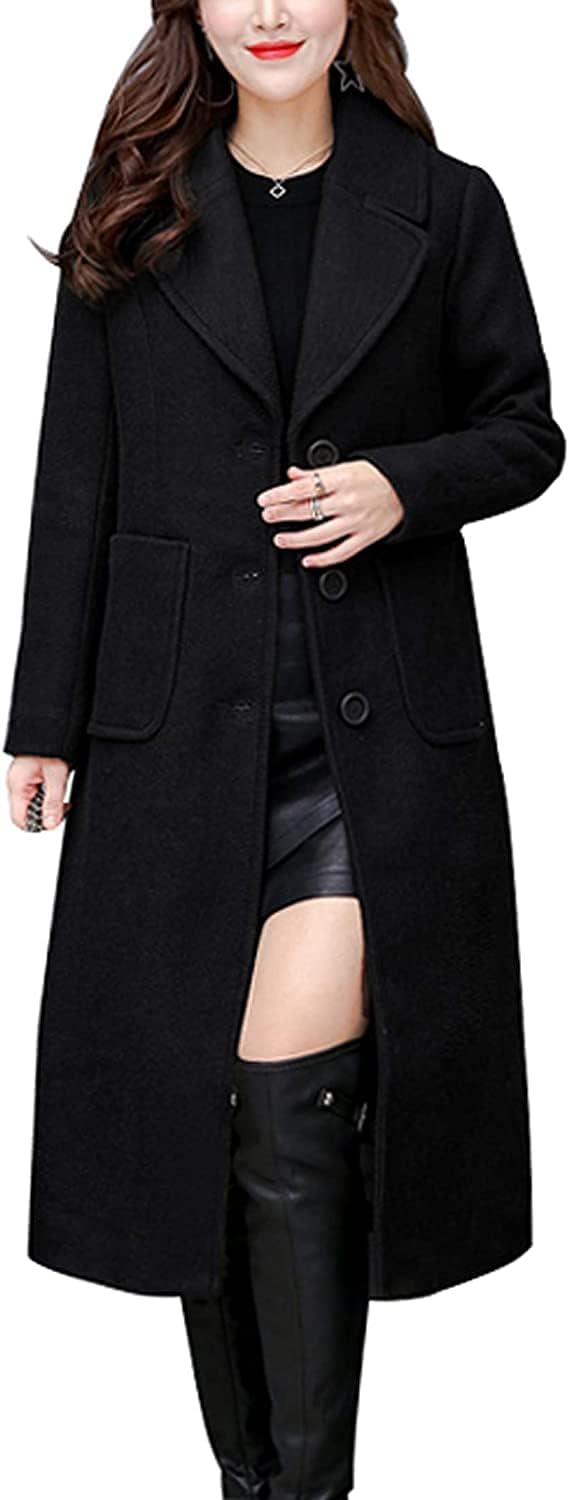 Women’s Big Notch Lapel Single Breasted Mid-Long Wool Blend Coat
