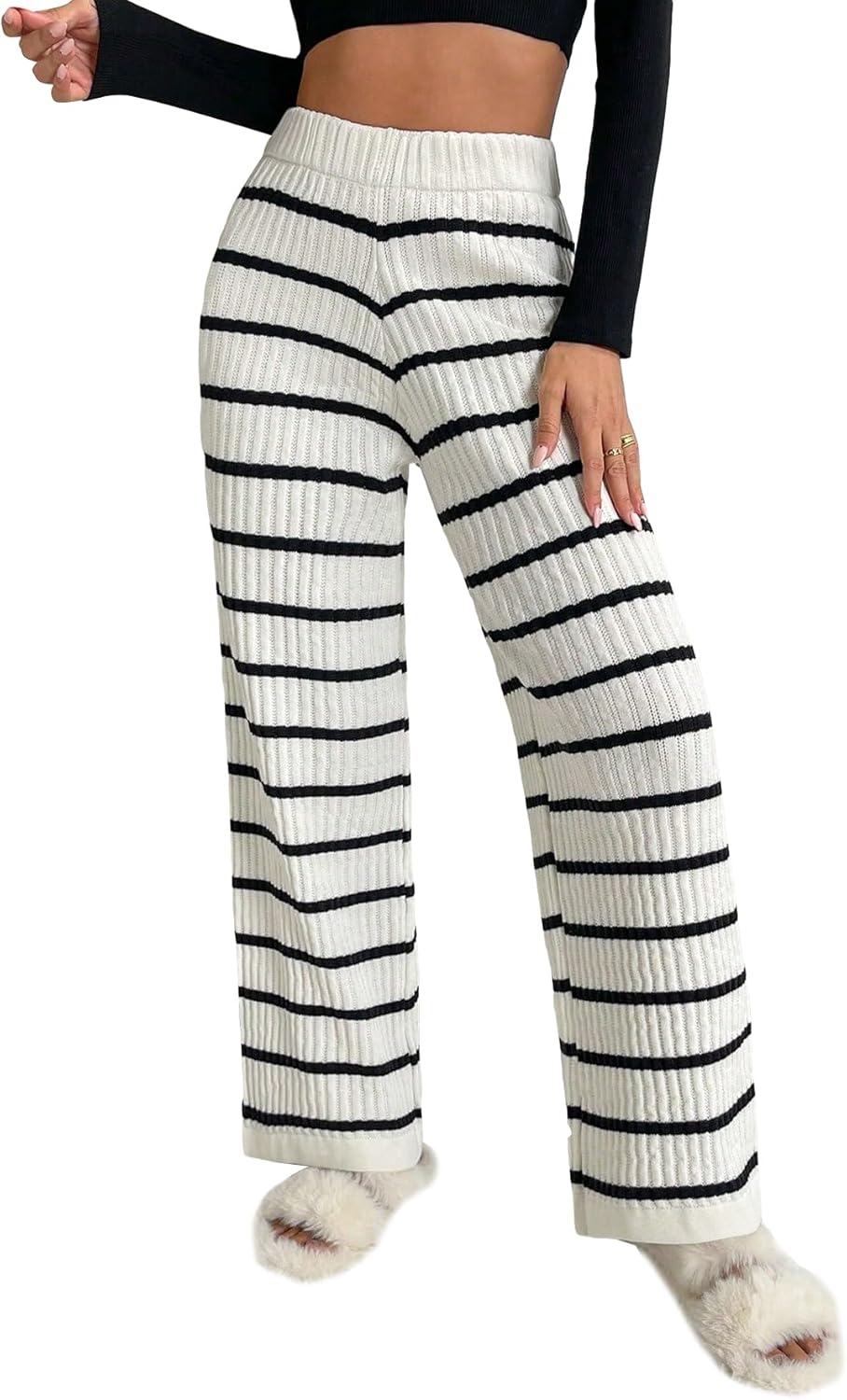 Women’s Elastic High Waist Stripe Print Knitted Lounge Sweater Pants