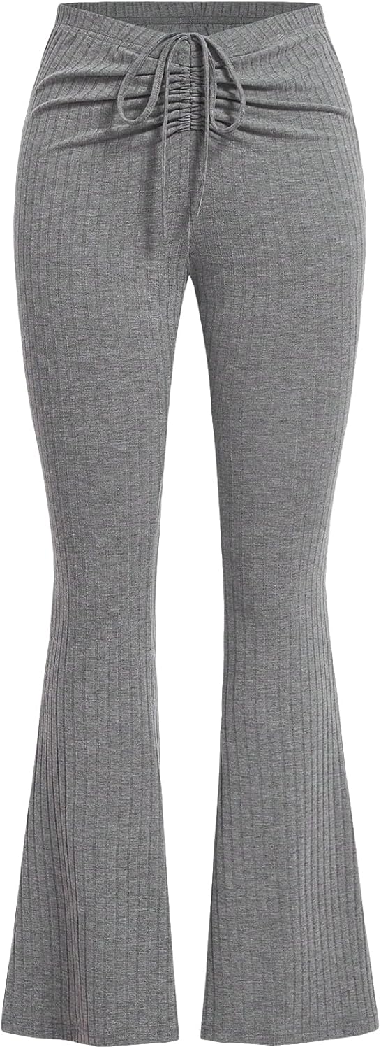 Women’s Drawstring Drop Waist Knot Ruched Flare Leg Knit Extra Long Sweatpants