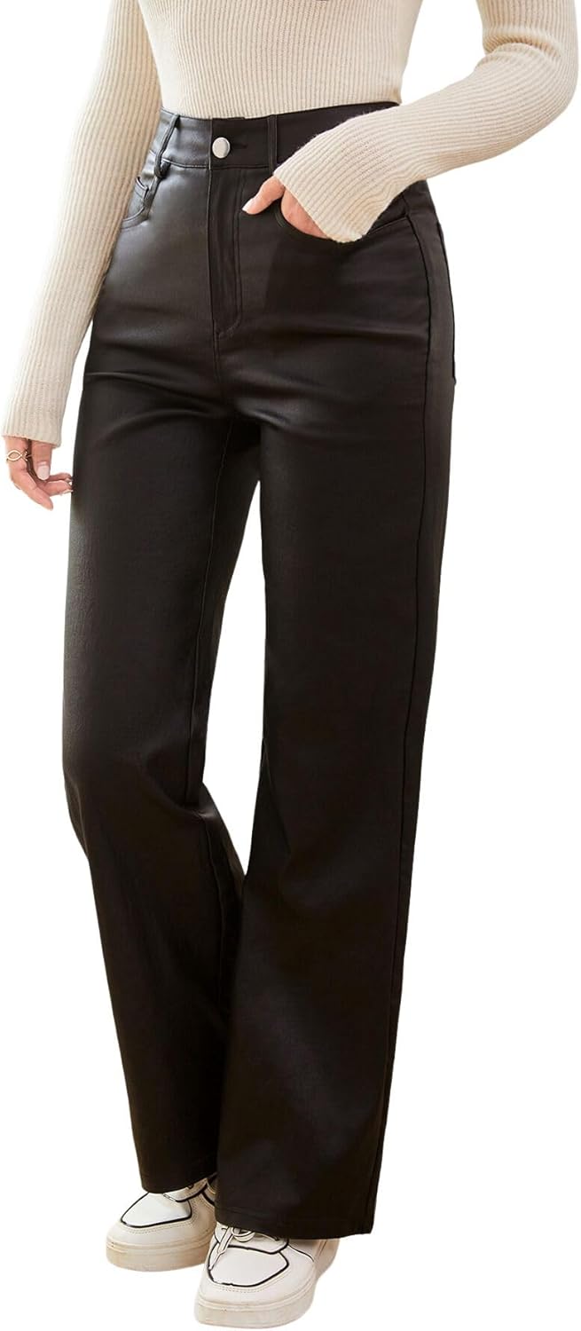 Women’s High Waist Leather Leggings Pocket Straight Wide Leg Pants